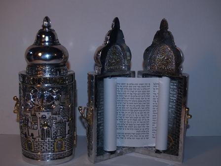 Torah Scroll in Silver Painted Case with scenes of Jerusalem - Click Image to Close